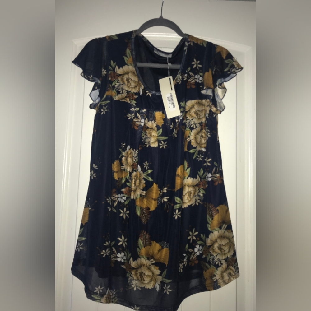 Womans Navy Blue Khaki Floral Business Casual Dress Shirt Blouse